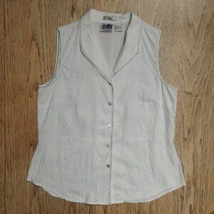 Edward Women's Large 100% Irish linen sleeveless white button down blouse top
